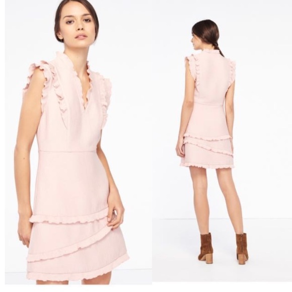 Sandro Paris Flirty Rose Pink Ruffle Trimmed Side Zip Mini Cocktail Dress - Picture 4 of 8